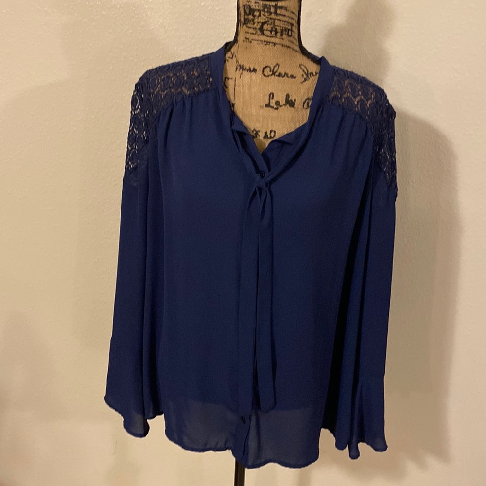 Navy long bell sleeve blouse with lace shoulder